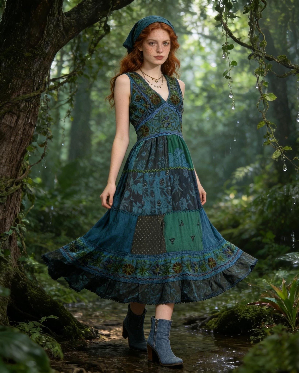 Handmade Bohemian Patchwork Maxi Dress with Floral Embroidery and Lace Trim - Teal Blue Green Boho Summer Dress, Unique Women's Clothing