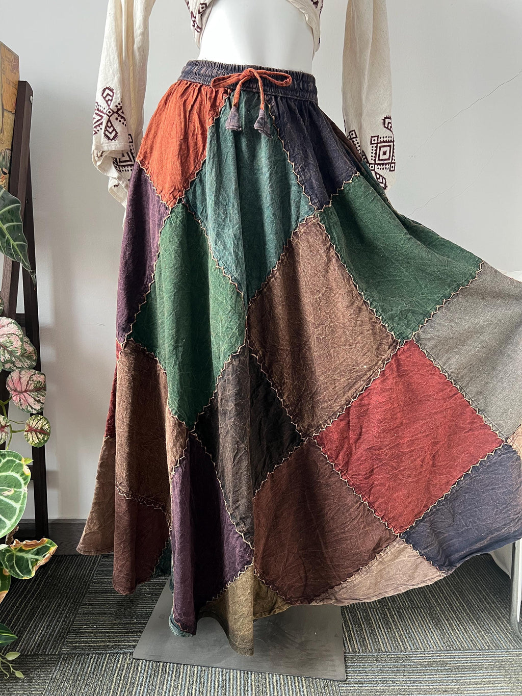 Handmade Patchwork Cotton Maxi Skirt with Adjustable Elastic Waist and Side Pockets, Flowy Maxi Skirt, Boho Long Skirt