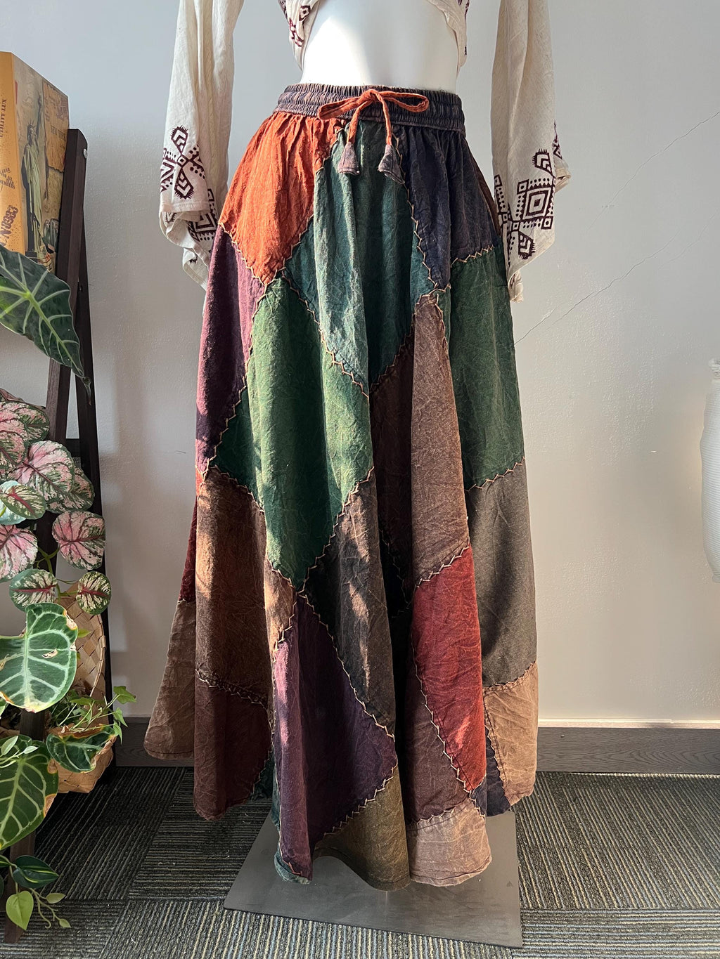 Handmade Patchwork Cotton Maxi Skirt with Adjustable Elastic Waist and Side Pockets, Flowy Maxi Skirt, Boho Long Skirt