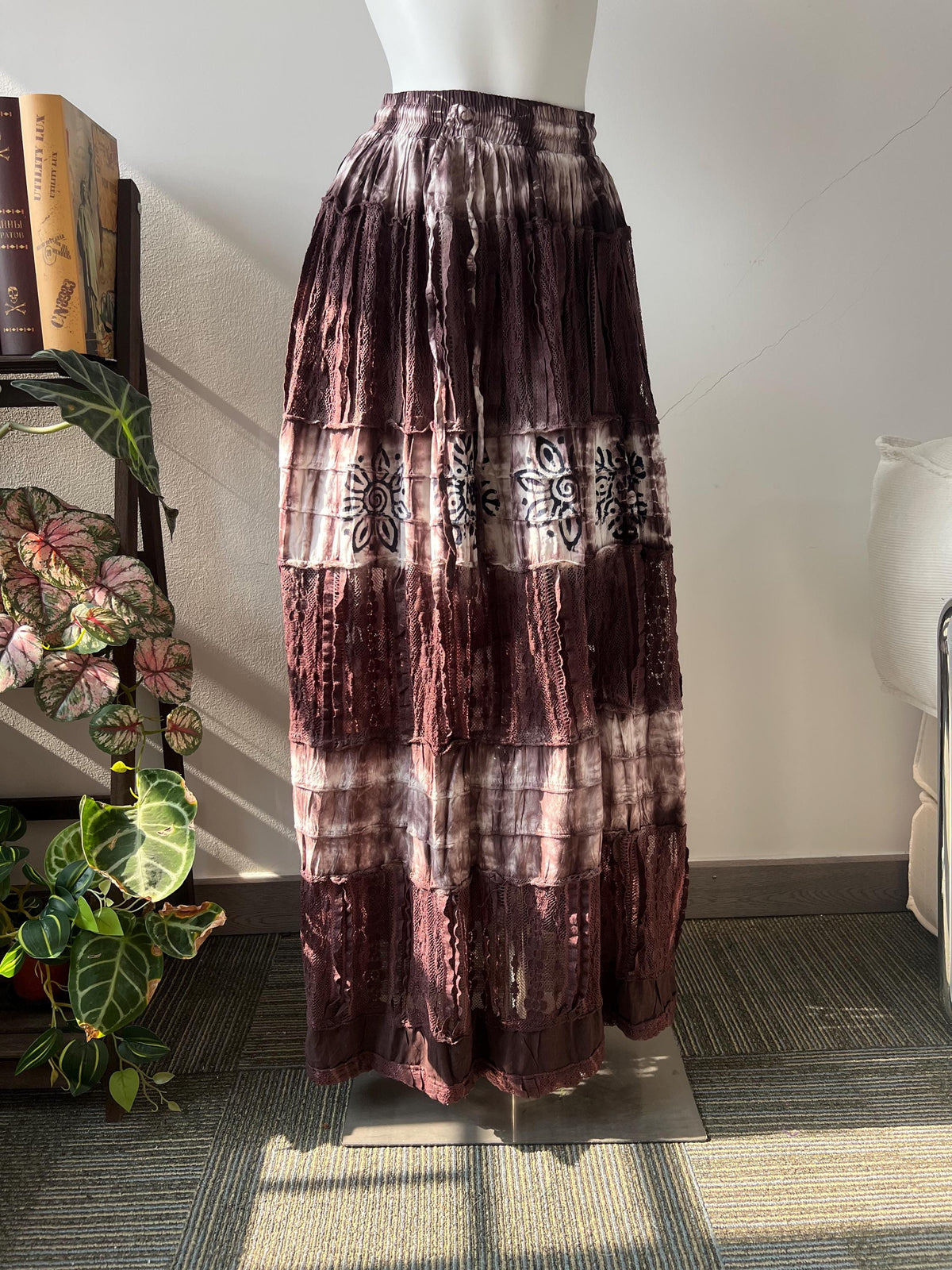Boho Cotton Maxi Skirt, Tie Dye Tiered Lace Skirt, Hand Block Print Festival Skirt, Elastic Waist Convertible Beach Dress
