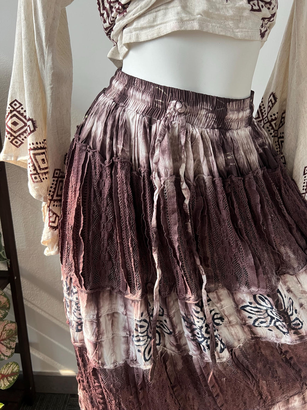 Boho Cotton Maxi Skirt, Tie Dye Tiered Lace Skirt, Hand Block Print Festival Skirt, Elastic Waist Convertible Beach Dress