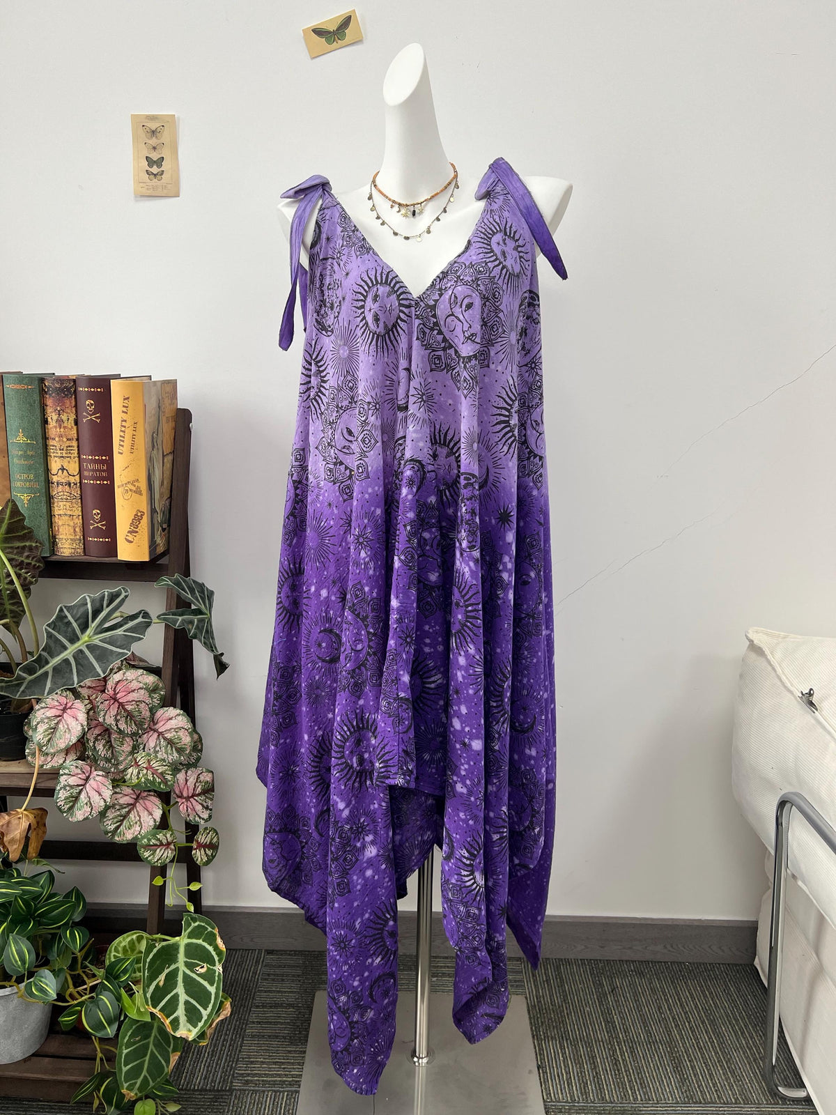 Handmade Boho Dress with Sun and Moon Print - Adjustable Maxi Dress - 100% Cotton Vintage Style Women's Summer Dress with Asymmetrical Hem