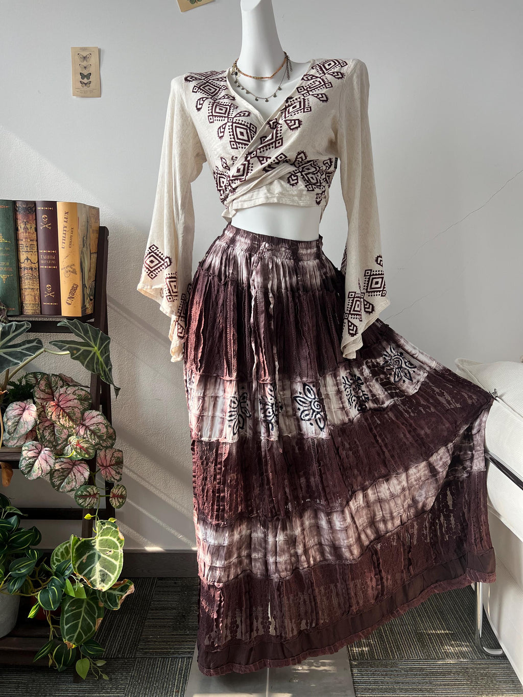 Boho Cotton Maxi Skirt, Tie Dye Tiered Lace Skirt, Hand Block Print Festival Skirt, Elastic Waist Convertible Beach Dress