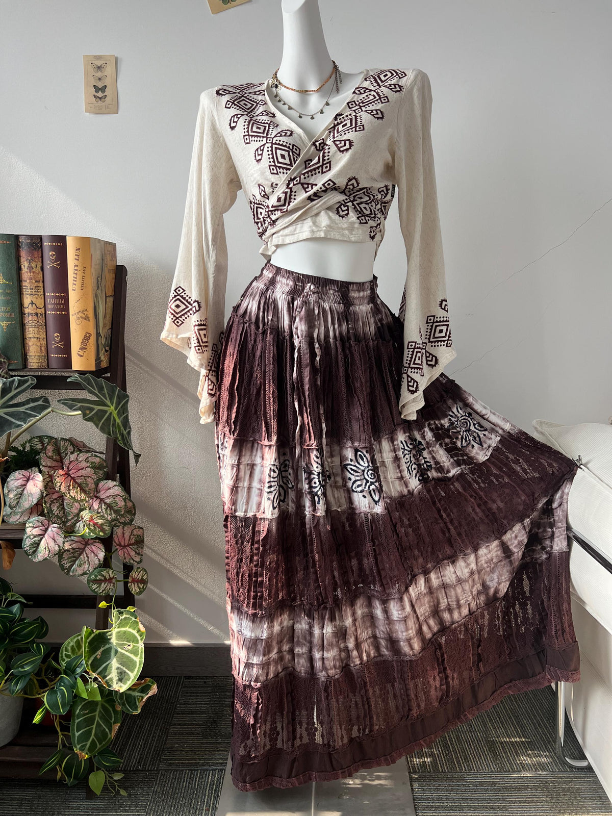 Boho Cotton Maxi Skirt, Tie Dye Tiered Lace Skirt, Hand Block Print Festival Skirt, Elastic Waist Convertible Beach Dress