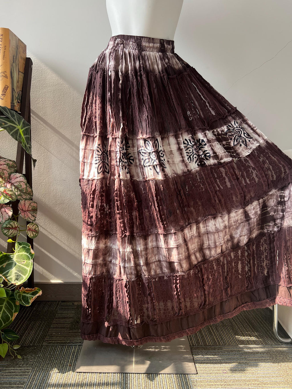 Boho Cotton Maxi Skirt, Tie Dye Tiered Lace Skirt, Hand Block Print Festival Skirt, Elastic Waist Convertible Beach Dress