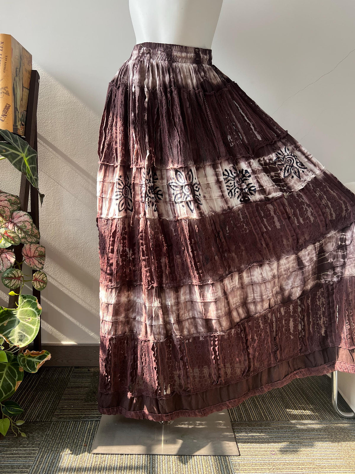 Boho Cotton Maxi Skirt, Tie Dye Tiered Lace Skirt, Hand Block Print Festival Skirt, Elastic Waist Convertible Beach Dress