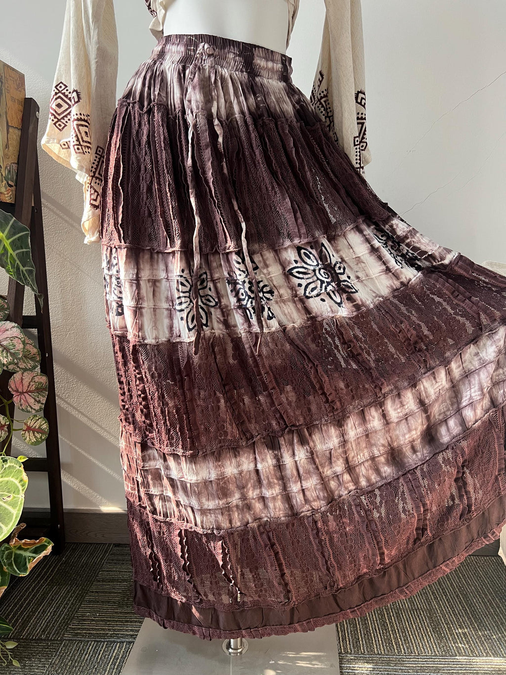 Boho Cotton Maxi Skirt, Tie Dye Tiered Lace Skirt, Hand Block Print Festival Skirt, Elastic Waist Convertible Beach Dress