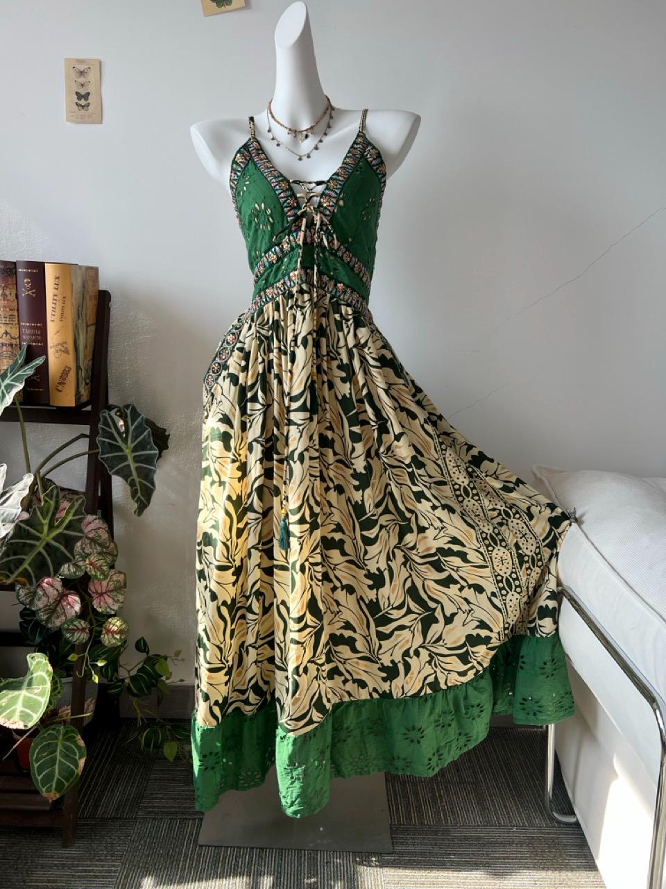 Boho Patchwork Maxi Dress Women | Shimmer Cotton Blend Romantic Festival Dress Elastic Back Flowy Long Dress with Pockets
