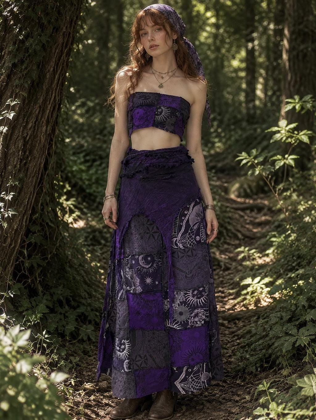 Witchy Boho Maxi Skirt | Handmade Cotton Wrap Skirt | Celestial Patchwork Long Skirt | Fairycore Festival Outfit