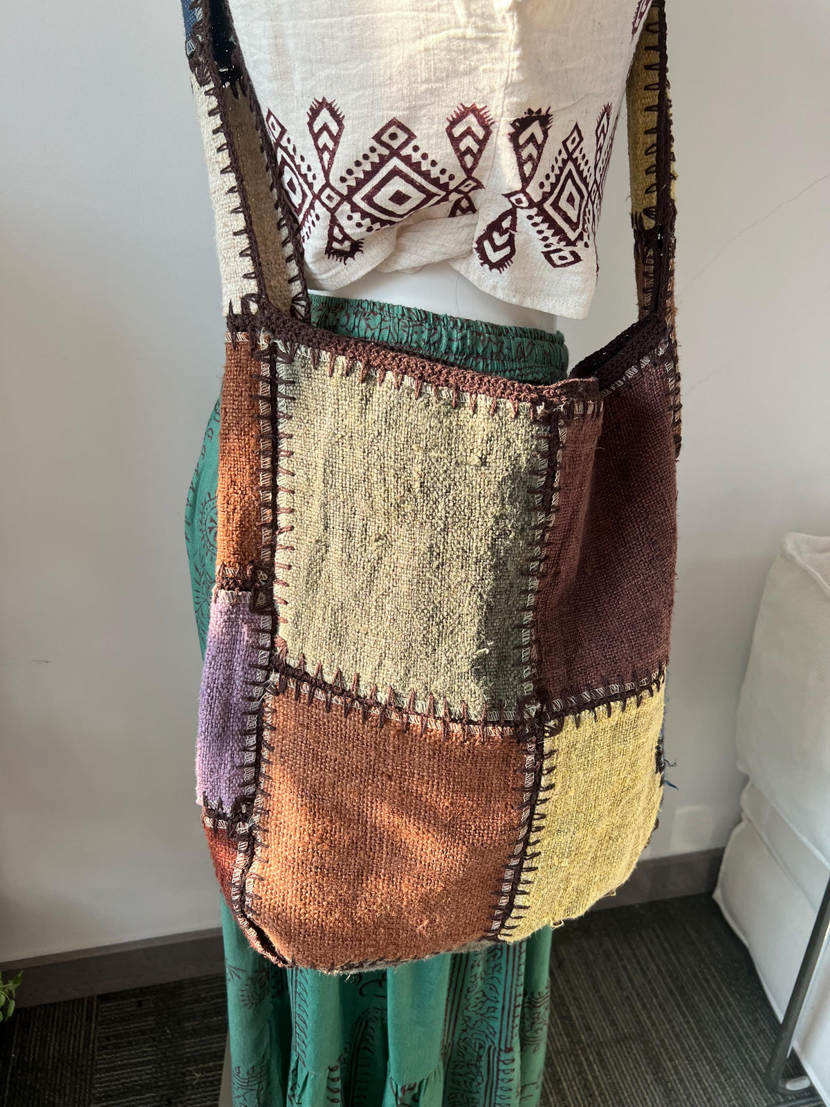 Handmade Hemp Tote Bag Women | Boho Patchwork Shoulder Bag Embroidered Crossbody Bag Natural Fiber Artisan Purse