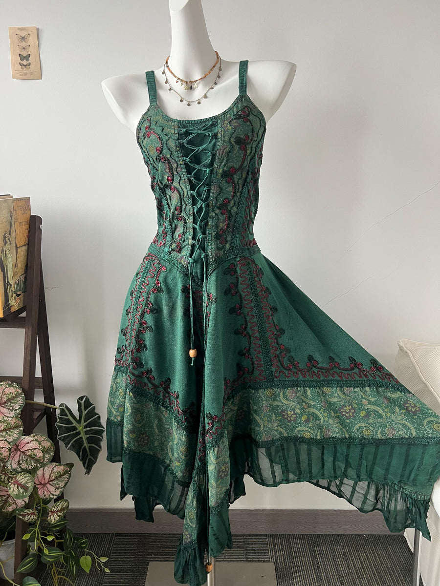 Vintage Embroidered Rayon Maxi Dress – Corset Lace-Up, Asymmetric Hem, Boho Style