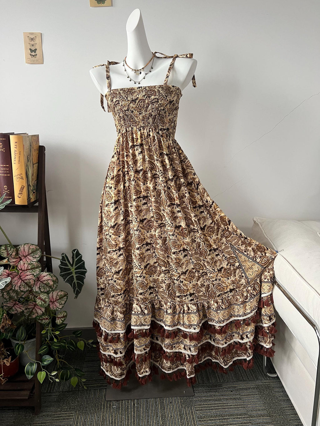 Boho Paisley Maxi Dress | Smocked Bust Summer Dress | Vintage Floral Long Dress | Tassel Trim Hippie Dress | Romantic Festival Dress