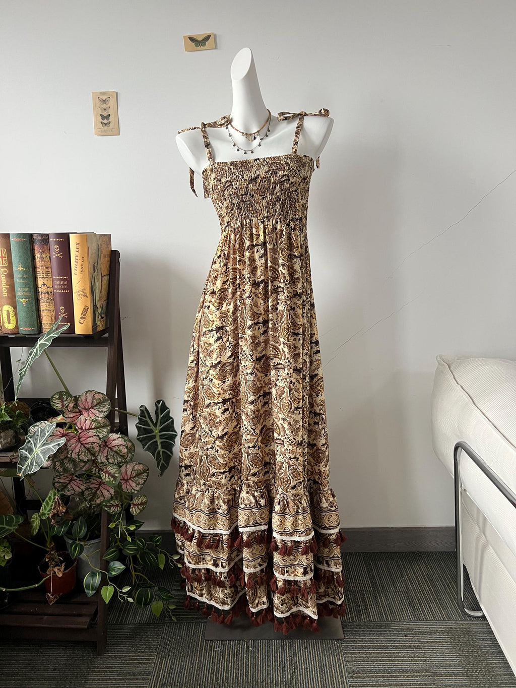 Boho Paisley Maxi Dress | Smocked Bust Summer Dress | Vintage Floral Long Dress | Tassel Trim Hippie Dress | Romantic Festival Dress