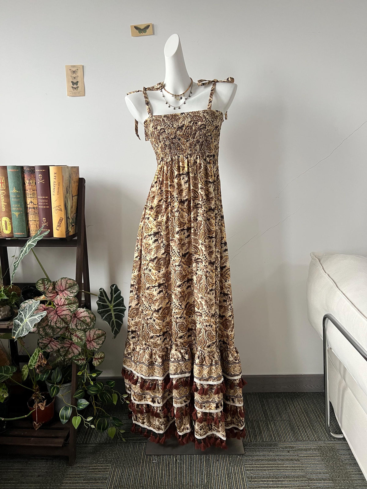 Boho Paisley Maxi Dress | Smocked Bust Summer Dress | Vintage Floral Long Dress | Tassel Trim Hippie Dress | Romantic Festival Dress